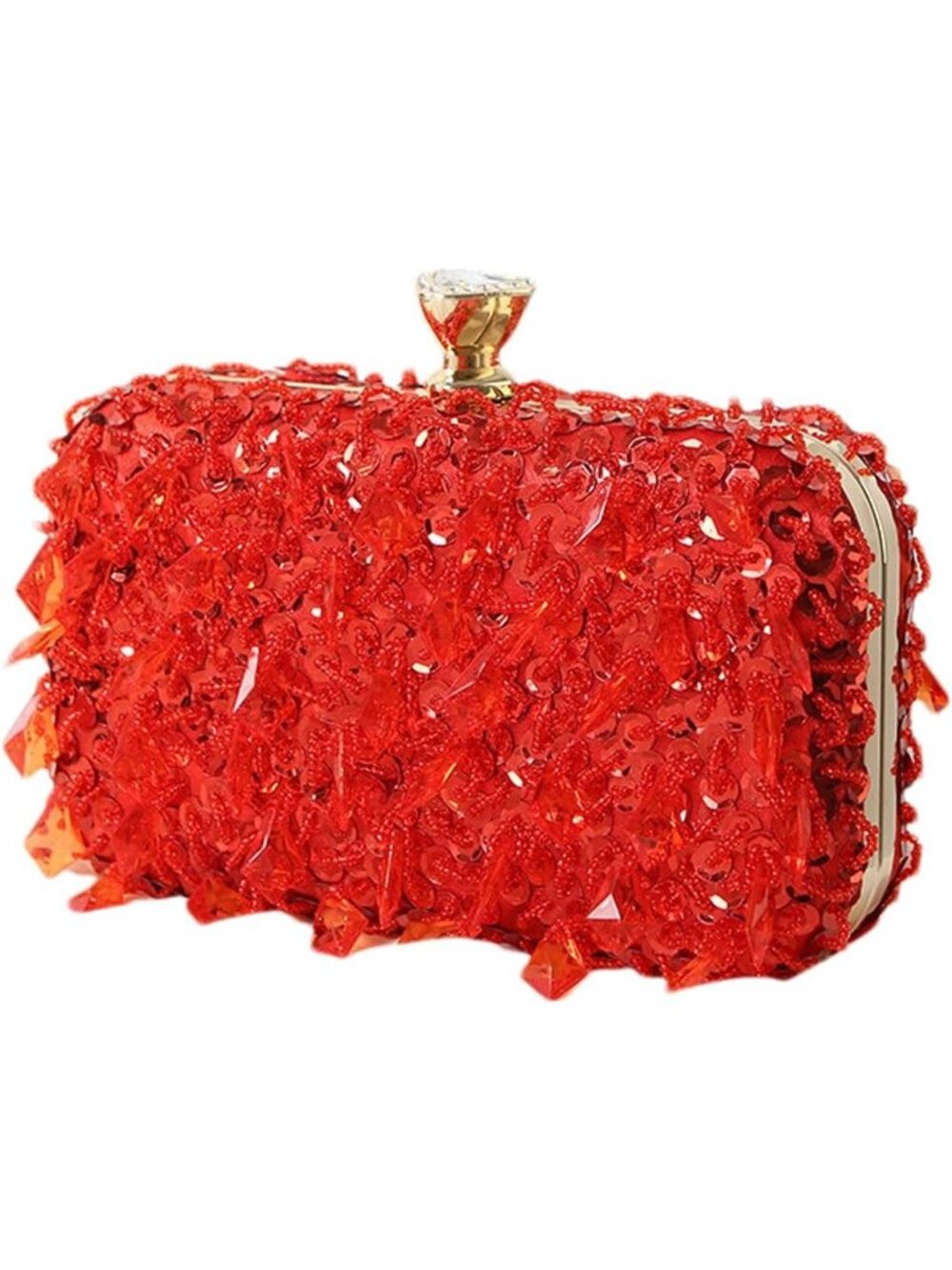 Womens Red Sequin Iridescent Beaded Box Clutch Gold Lock Evening Bag